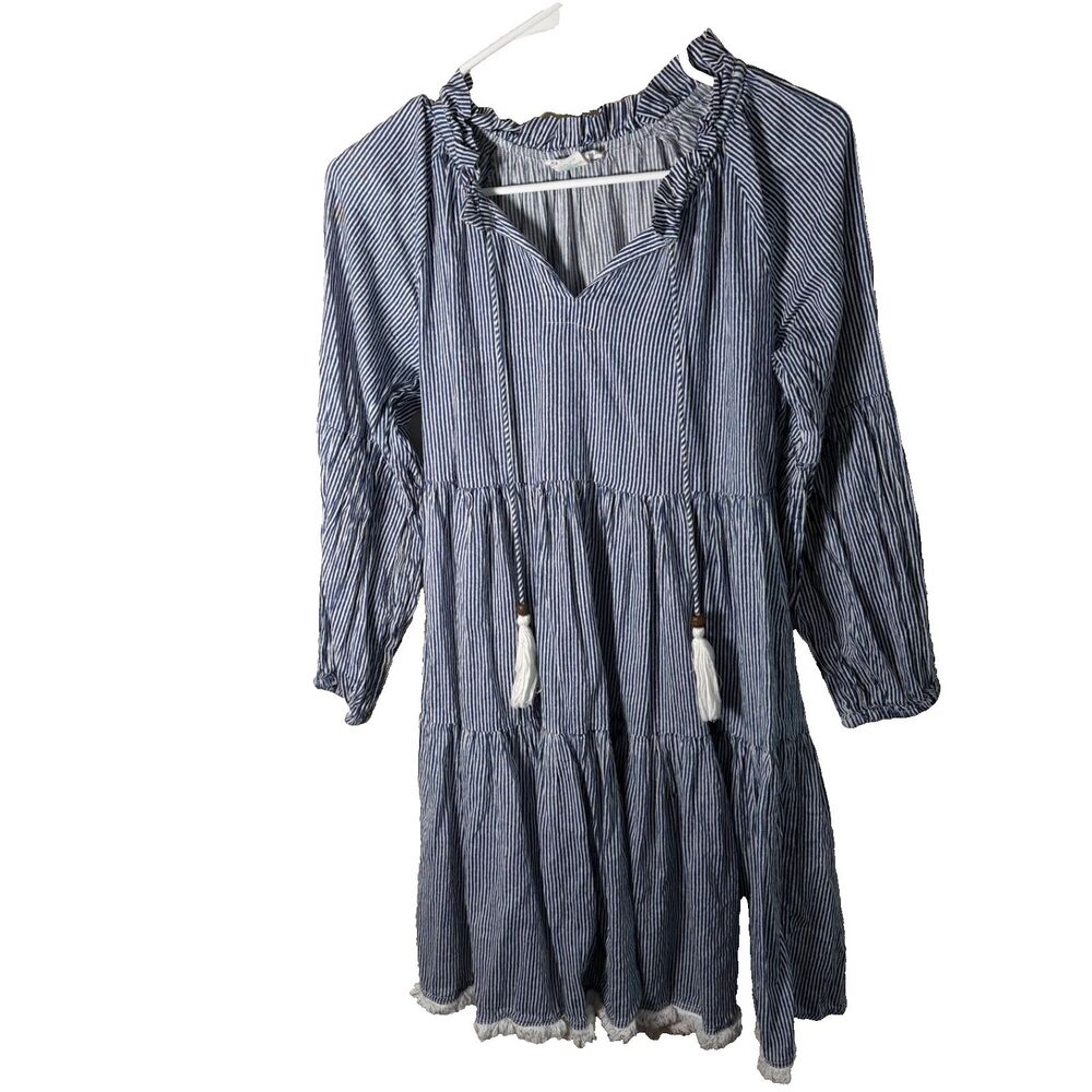 Cynthia Rowley Dress Women's Small Tiered Navy Striped V-Neck Tassel Boho